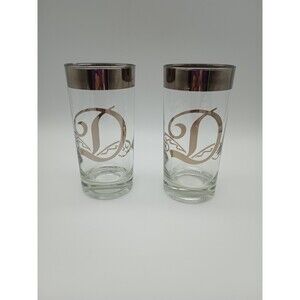 Pair 2 Vintage Dorothy Thorpe Monogram "D" Silver Rim Highball Glass 2 Tumbler